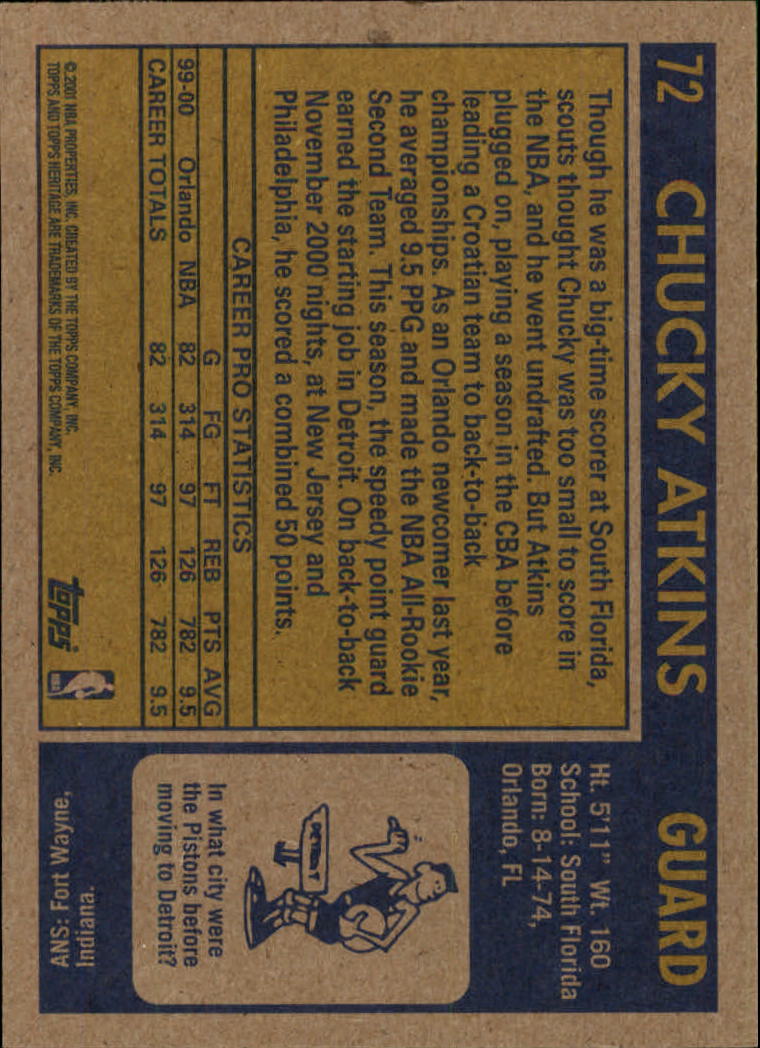 2000-01 Topps Heritage #72 Chucky Atkins back image
