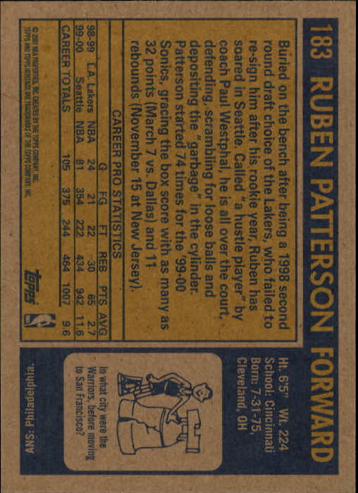 2000-01 Topps Heritage #183 Ruben Patterson back image