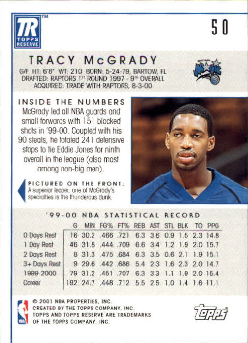 2000-01 Topps Reserve #50 Tracy McGrady back image