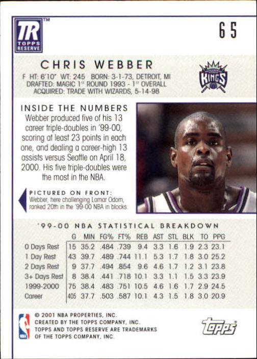 2000-01 Topps Reserve #65 Chris Webber back image
