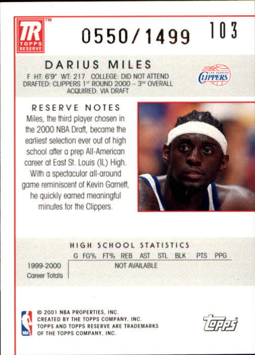 2000-01 Topps Reserve #103 Darius Miles/1499 RC back image