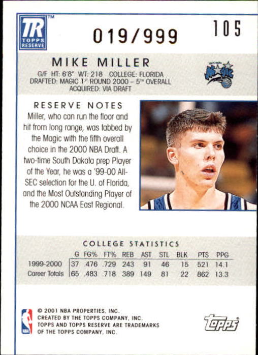 2000-01 Topps Reserve #105 Mike Miller/999 RC back image