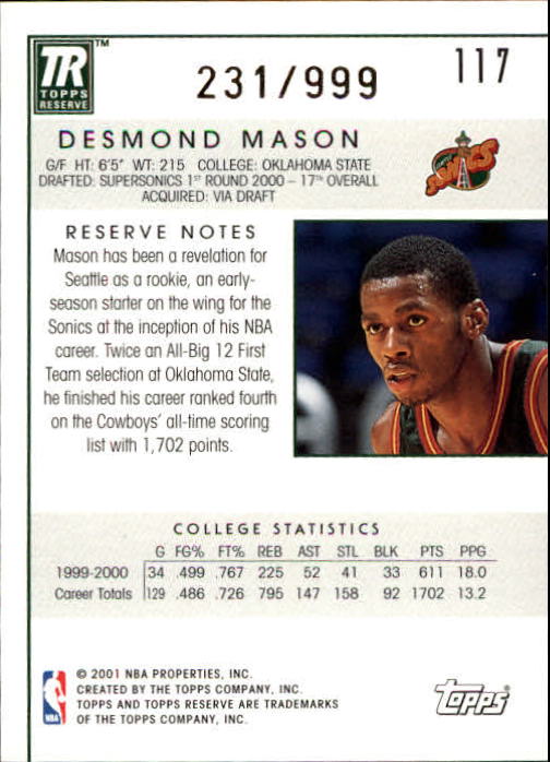 2000-01 Topps Reserve #117 Desmond Mason/999 RC back image