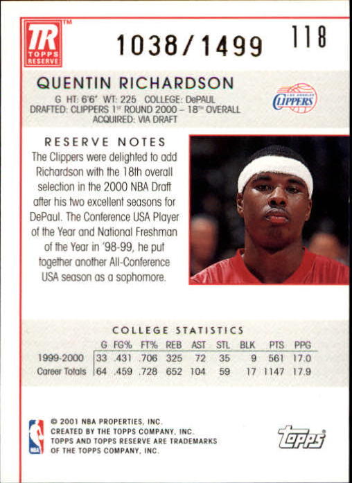 2000-01 Topps Reserve #118 Quentin Richardson/1499 RC back image