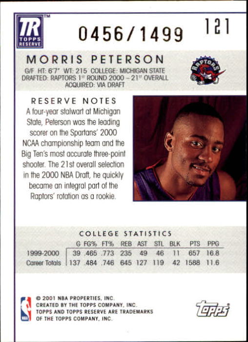 2000-01 Topps Reserve #121 Morris Peterson/1499 RC back image