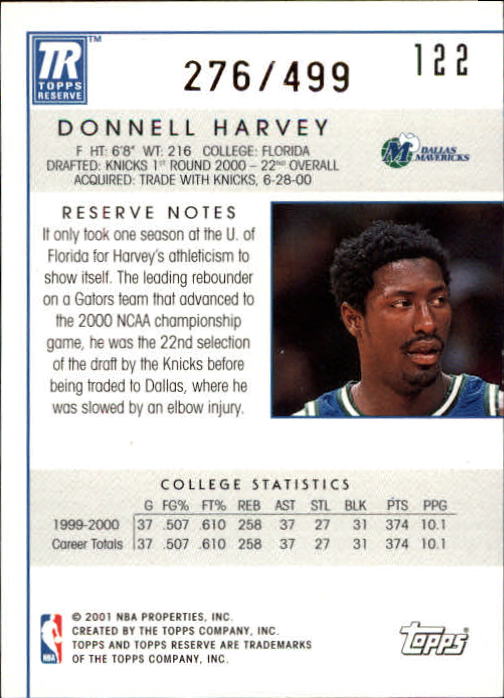 2000-01 Topps Reserve #122 Donnell Harvey/499 RC back image