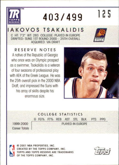 2000-01 Topps Reserve #125 Iakovos Tsakalidis/499 RC back image