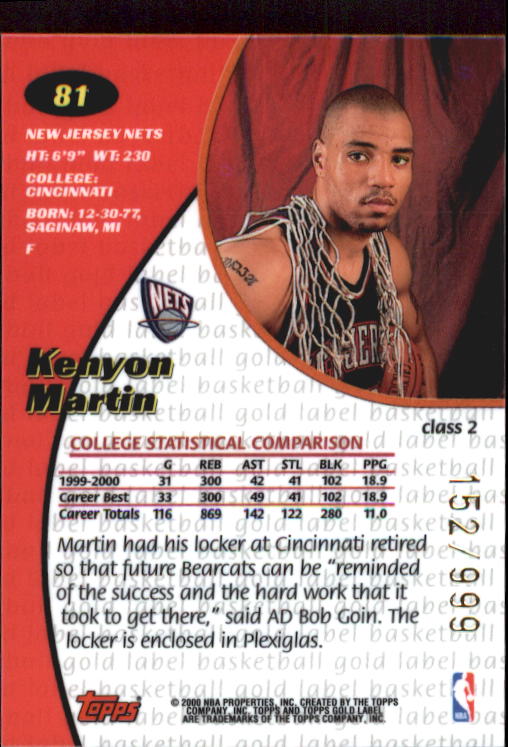 2000-01 Topps Gold Label Class 2 #81 Kenyon Martin back image