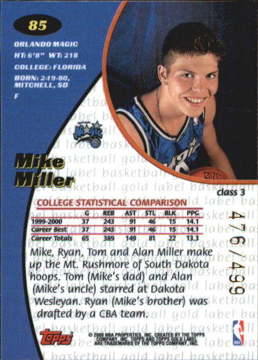 2000-01 Topps Gold Label Class 3 #85 Mike Miller back image