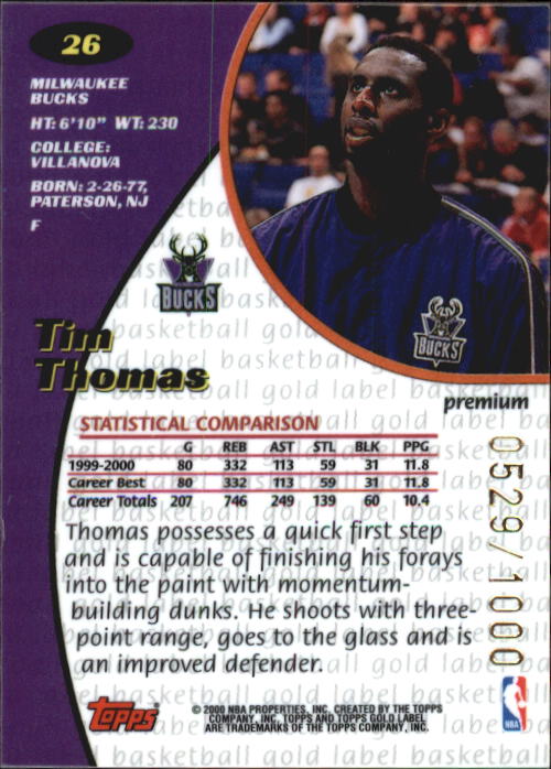 2000-01 Topps Gold Label Premium #26 Tim Thomas back image