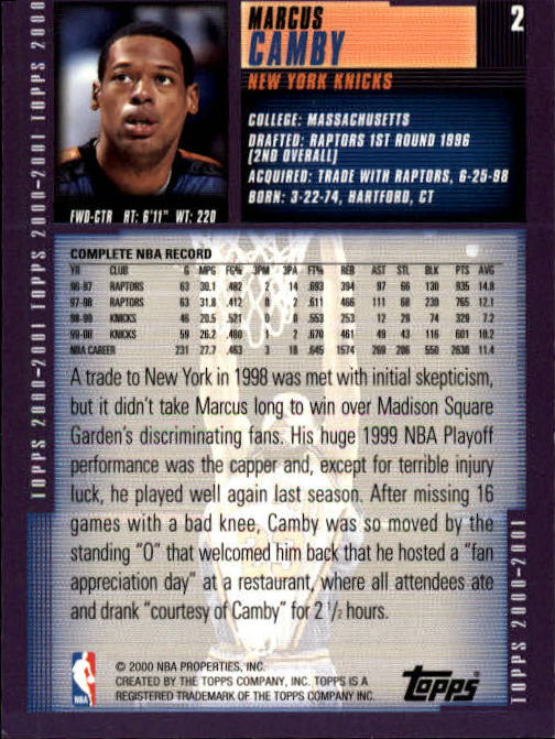 2000-01 Topps #2 Marcus Camby back image
