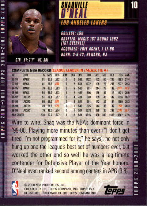 2000-01 Topps #10 Shaquille O'Neal back image