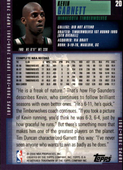 2000-01 Topps #20 Kevin Garnett back image
