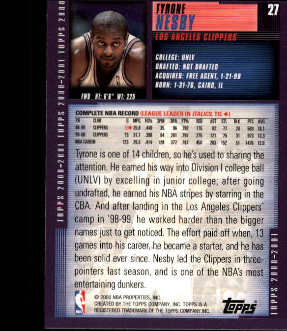2000-01 Topps #27 Tyrone Nesby back image