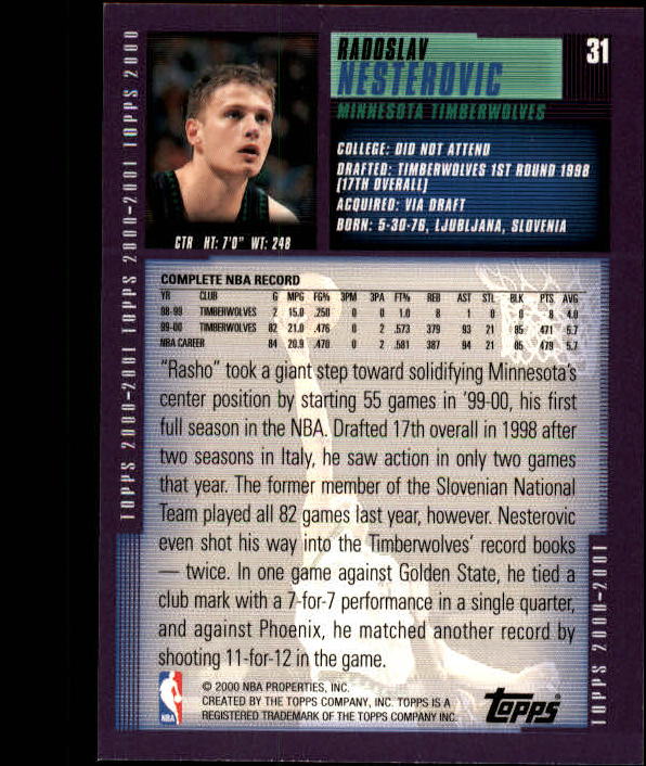 2000-01 Topps #31 Radoslav Nesterovic back image