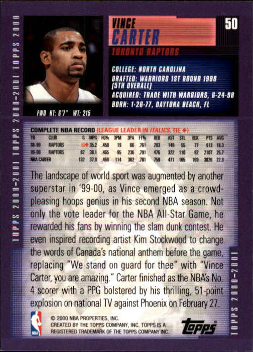 2000-01 Topps #50 Vince Carter back image