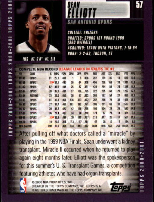 2000-01 Topps #57 Sean Elliott back image