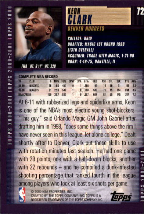 2000-01 Topps #72 Keon Clark back image