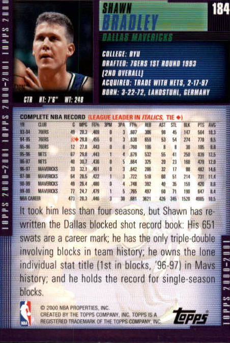 2000-01 Topps #184 Shawn Bradley back image