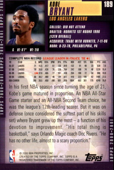 2000-01 Topps #189 Kobe Bryant back image