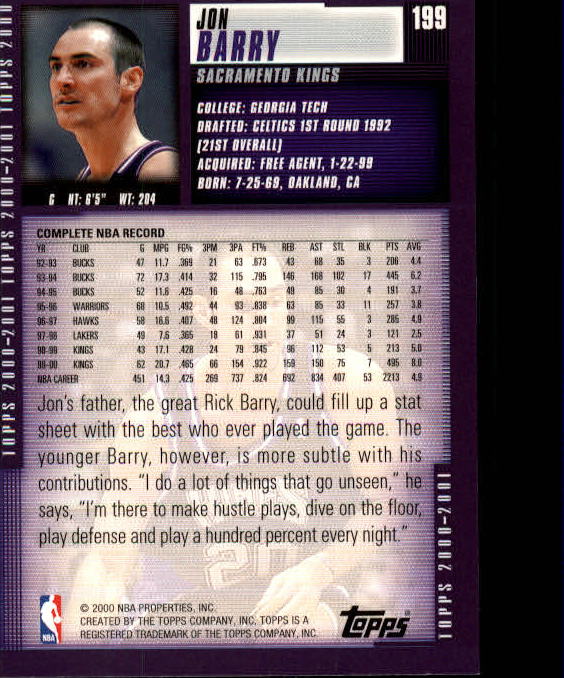2000-01 Topps #199 Jon Barry back image