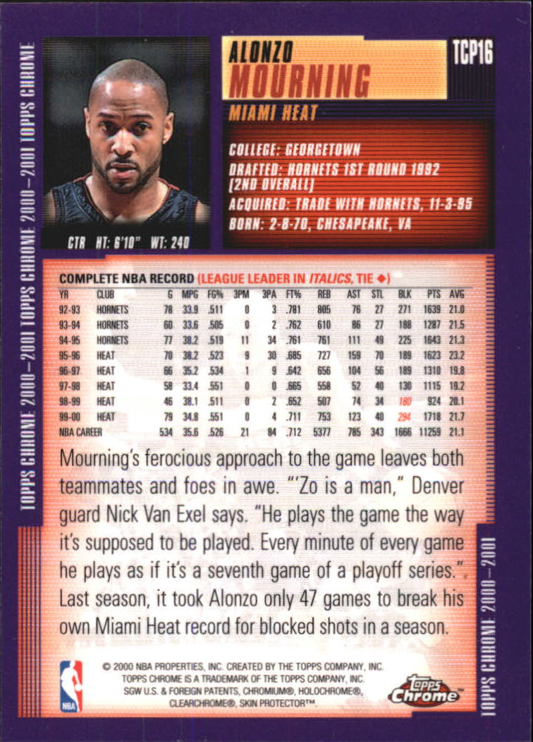 2000-01 Topps Chrome Previews #TCP16 Alonzo Mourning back image