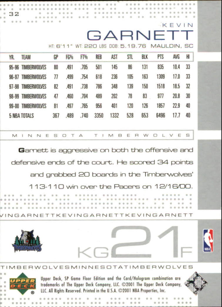 2000-01 SP Game Floor #32 Kevin Garnett back image