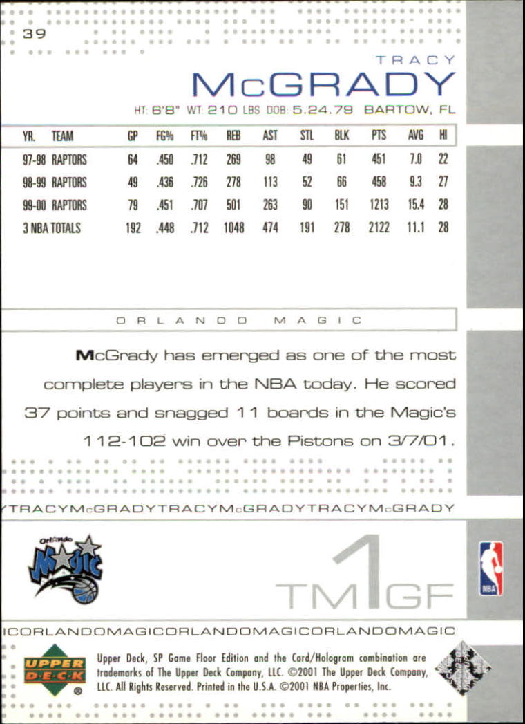 2000-01 SP Game Floor #39 Tracy McGrady back image