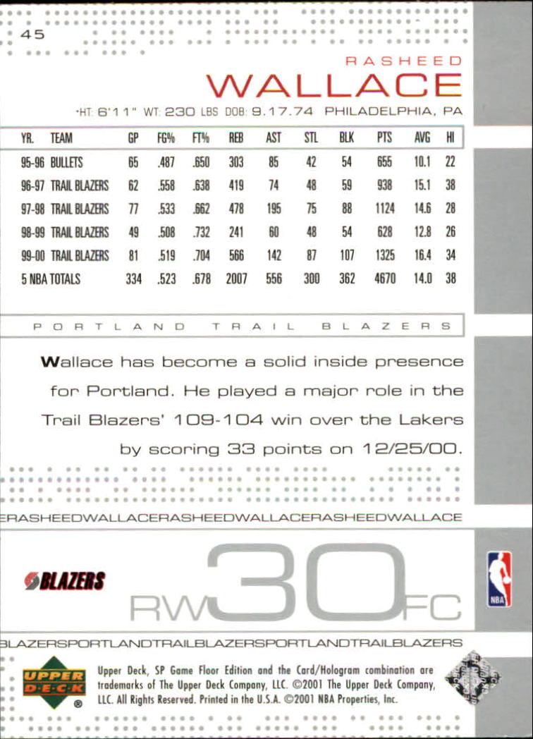 2000-01 SP Game Floor #45 Rasheed Wallace back image