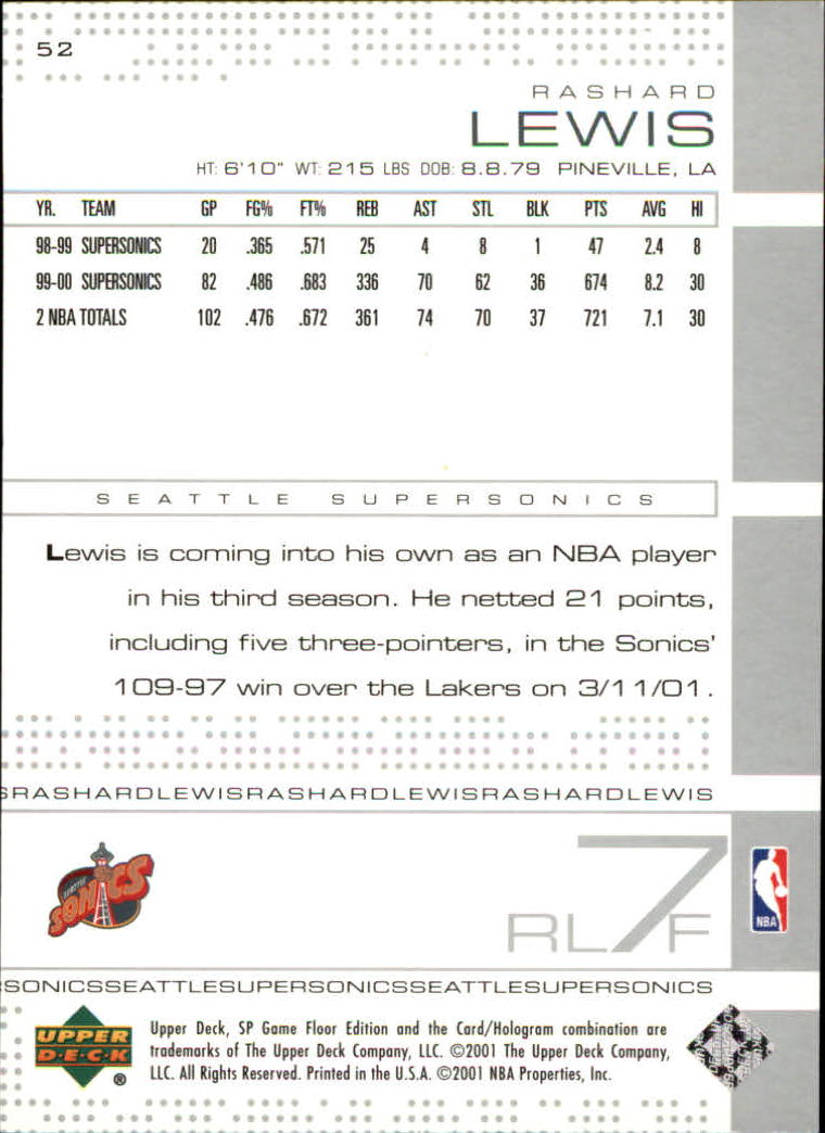 2000-01 SP Game Floor #52 Rashard Lewis back image