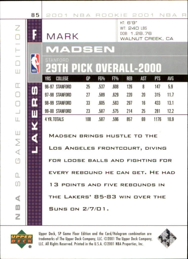 2000-01 SP Game Floor #85 Mark Madsen RC back image