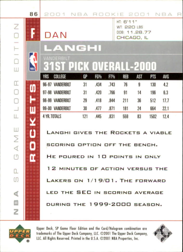2000-01 SP Game Floor #86 Dan Langhi RC back image