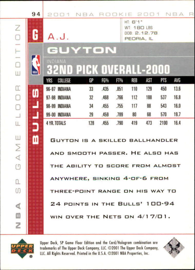 2000-01 SP Game Floor #94 A.J. Guyton RC back image