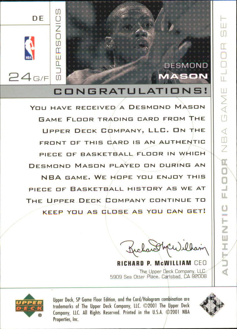2000-01 SP Game Floor Authentic Floor #DE Desmond Mason back image