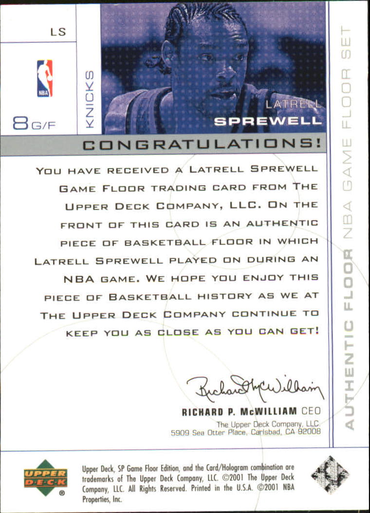 2000-01 SP Game Floor Authentic Floor #LS Latrell Sprewell AS back image