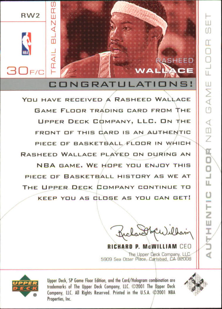 2000-01 SP Game Floor Authentic Floor #RW2 Rasheed Wallace back image