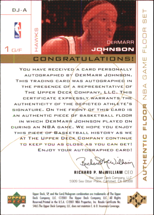 2000-01 SP Game Floor Authentic Floor Autographs #DJA DerMarr Johnson/200 back image