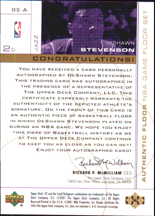 2000-01 SP Game Floor Authentic Floor Autographs #DSA DeShawn Stevenson/200 back image