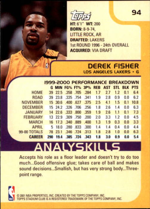 2000-01 Stadium Club #94 Derek Fisher back image