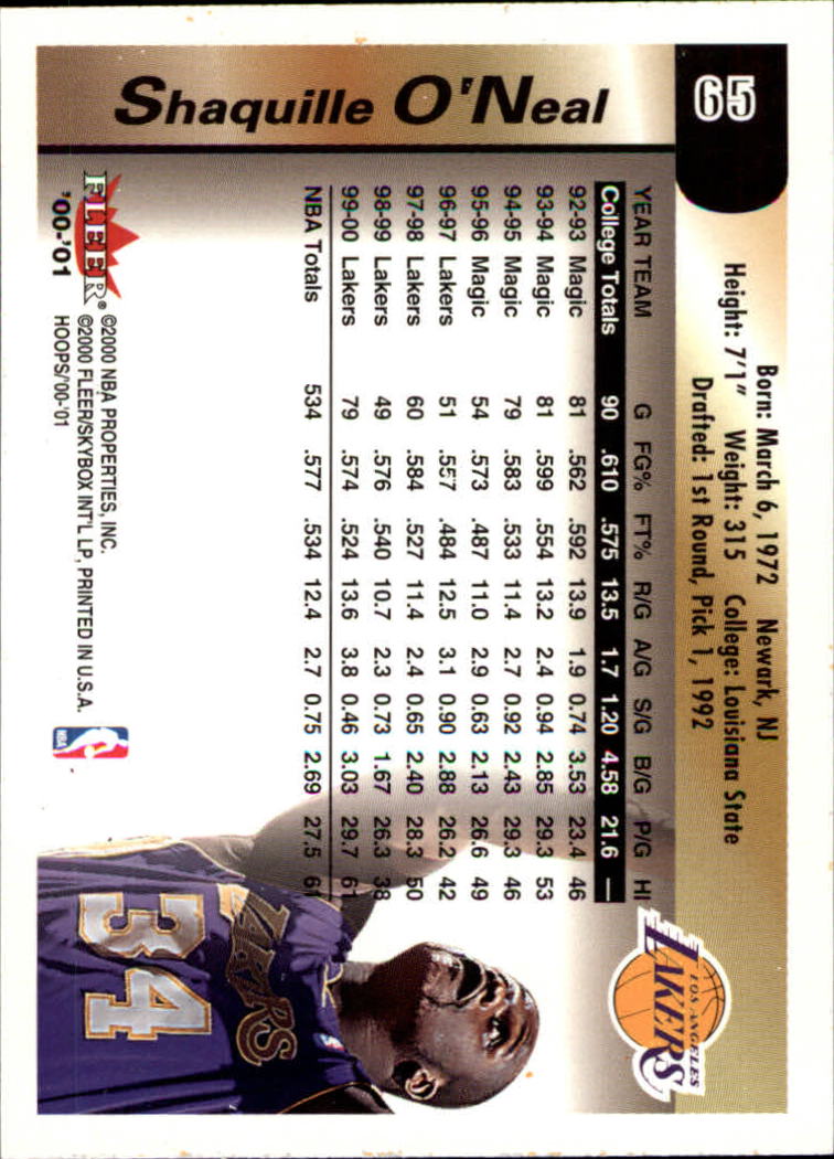 2000-01 Hoops Hot Prospects #65 Shaquille O'Neal back image