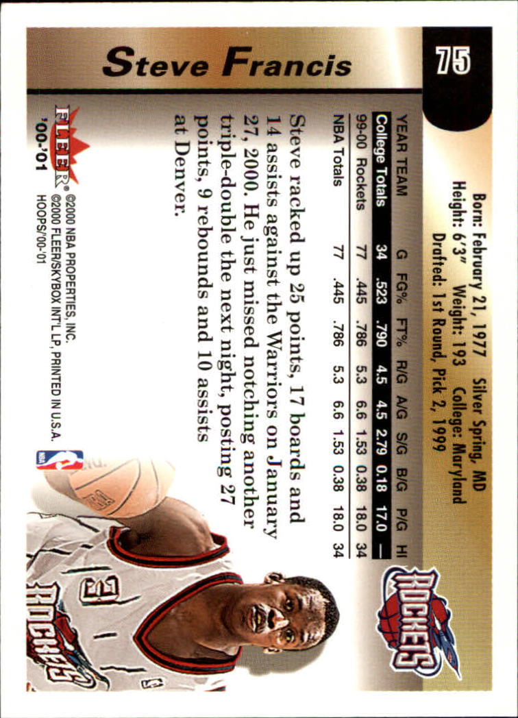 2000-01 Hoops Hot Prospects #75 Steve Francis back image