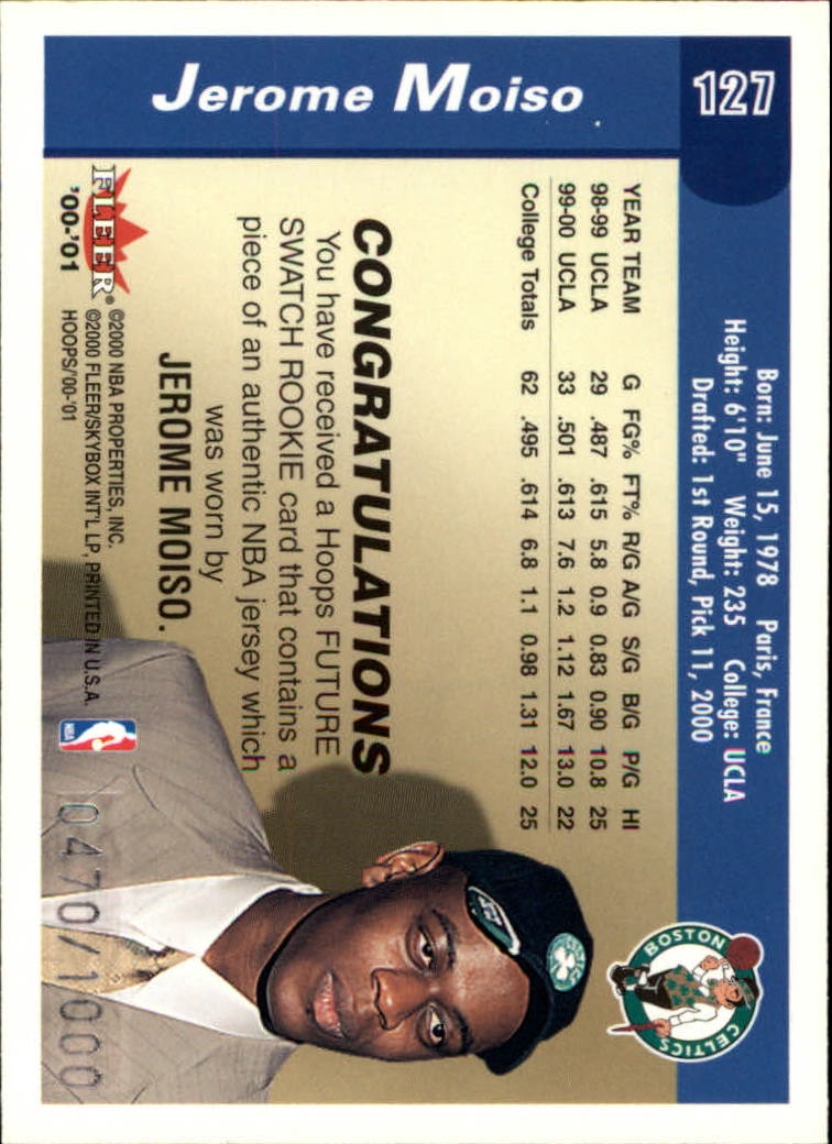 2000-01 Hoops Hot Prospects #127 Jerome Moiso JSY RC back image