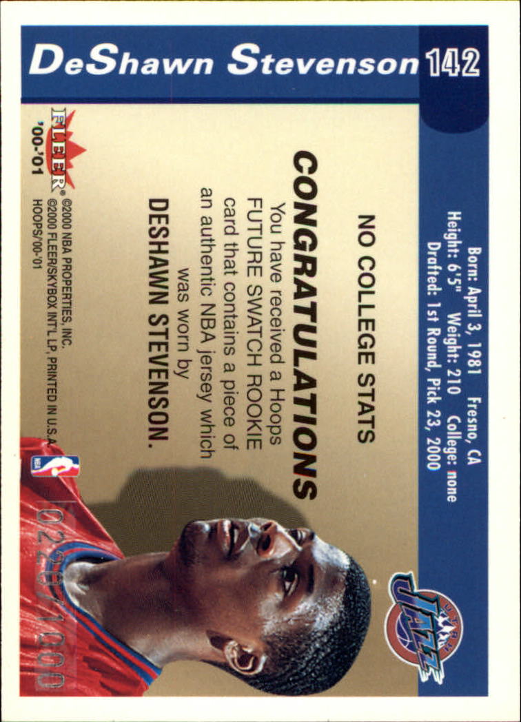 2000-01 Hoops Hot Prospects #142 DeShawn Stevenson JSY RC back image