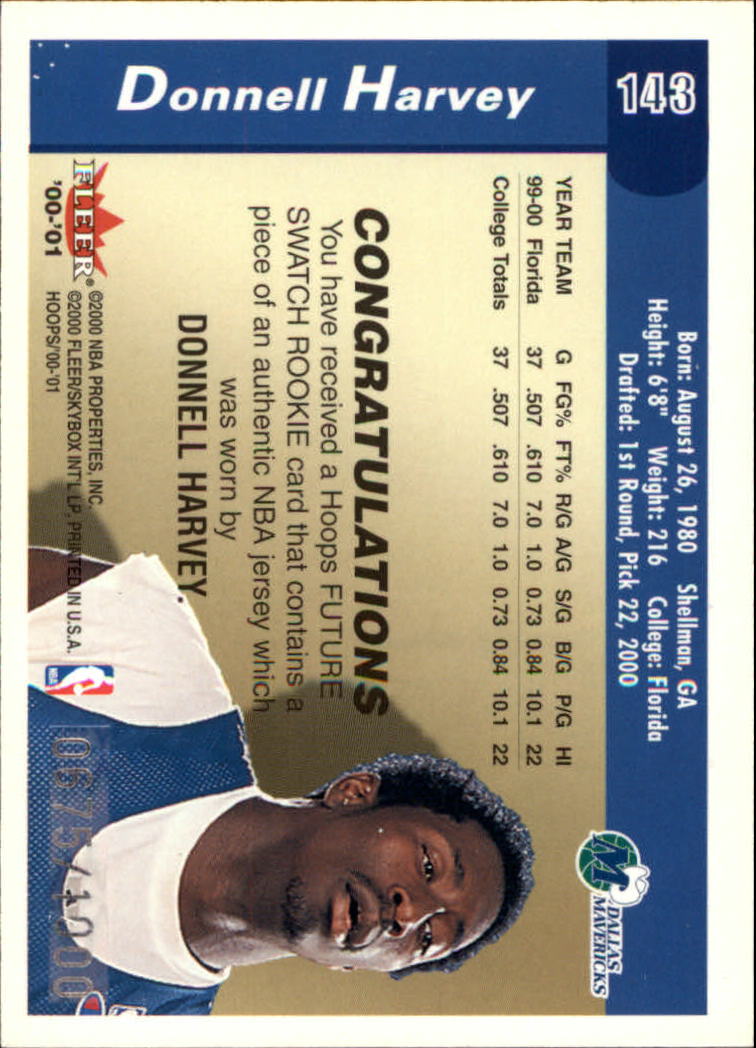 2000-01 Hoops Hot Prospects #143 Donnell Harvey JSY RC back image