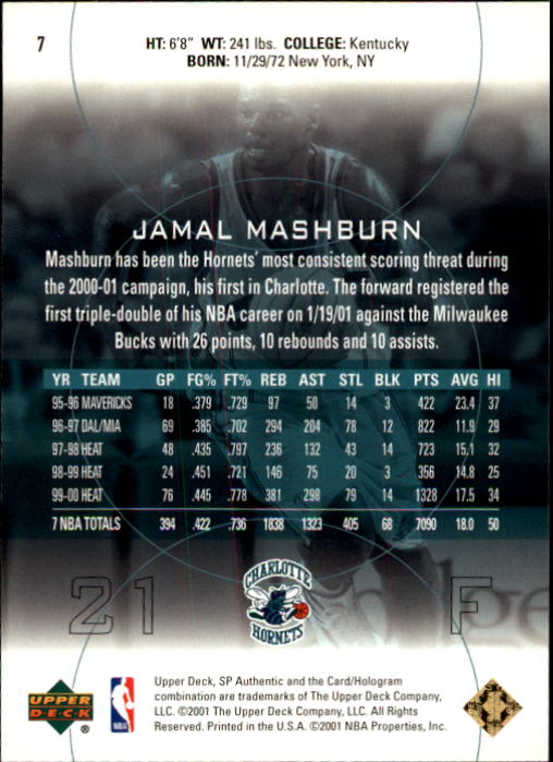 2000-01 SP Authentic #7 Jamal Mashburn back image