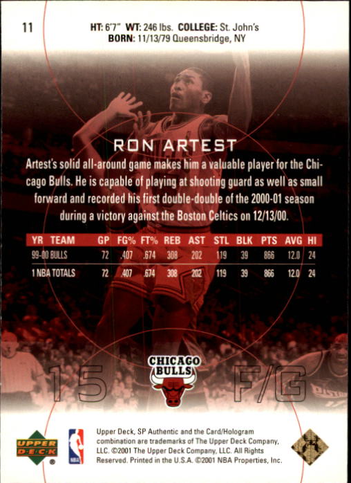 2000-01 SP Authentic #11 Ron Artest back image