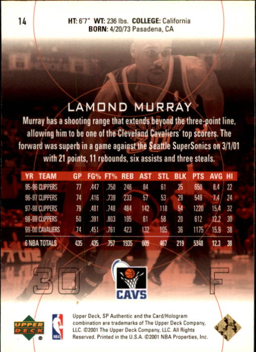 2000-01 SP Authentic #14 Lamond Murray back image