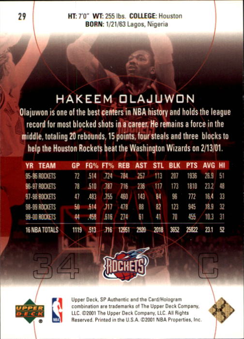 2000-01 SP Authentic #29 Hakeem Olajuwon back image
