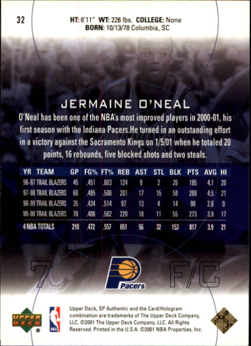 2000-01 SP Authentic #32 Jermaine O'Neal back image