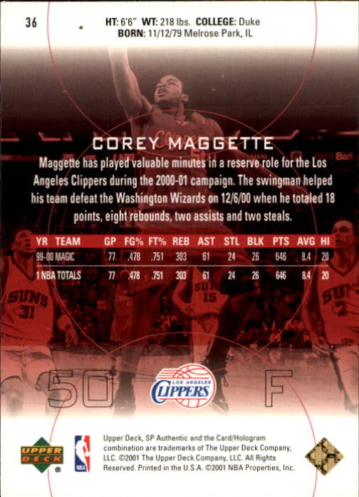 2000-01 SP Authentic #36 Corey Maggette back image